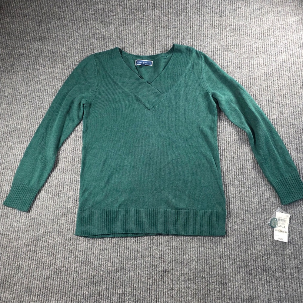 Karen Scott Womens Forest Green Cross V-Neck Knit Sweater Small New With Tags